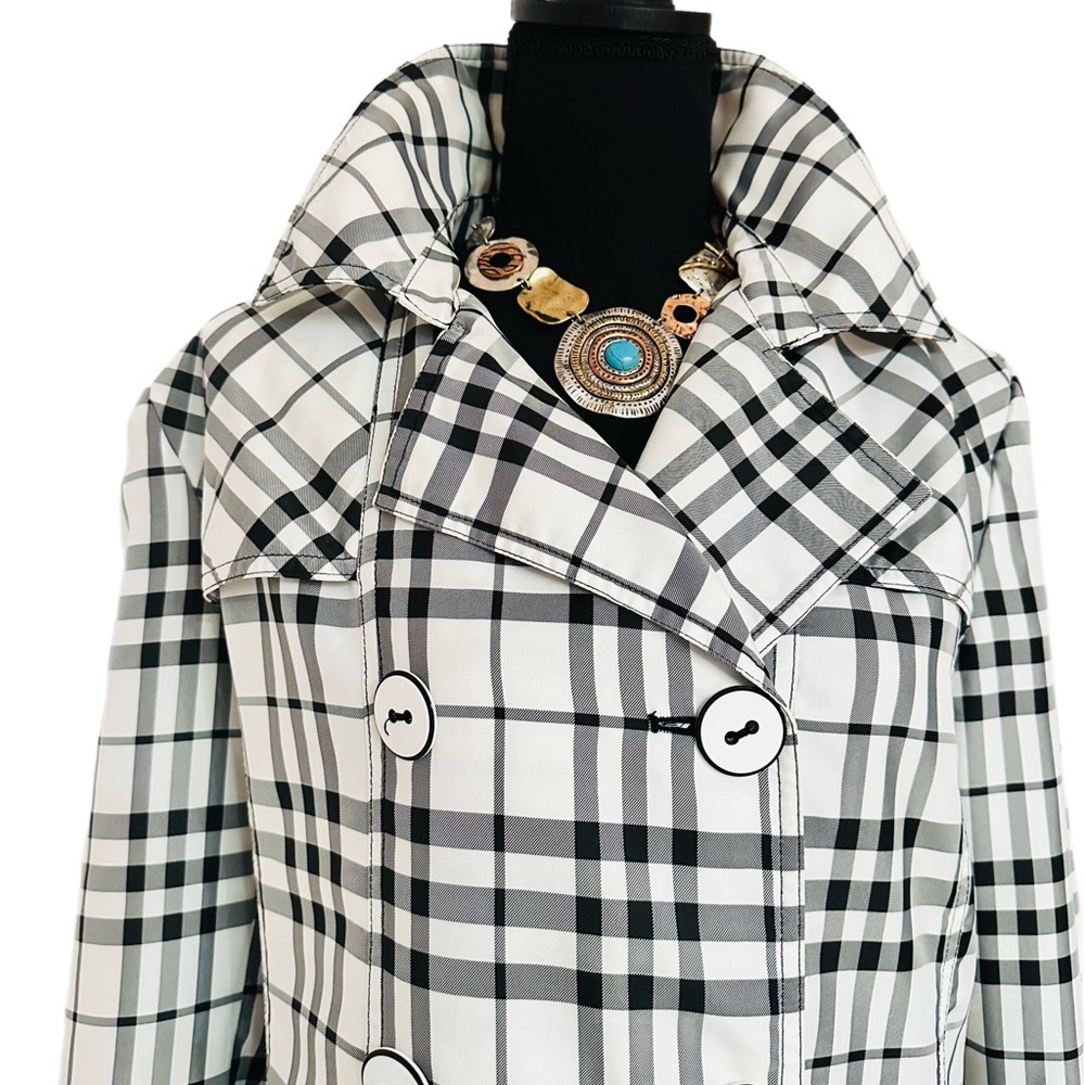 Cato Black White Plaid Belted Trench Coat Double Breasted size L - Picture 6 of 11
